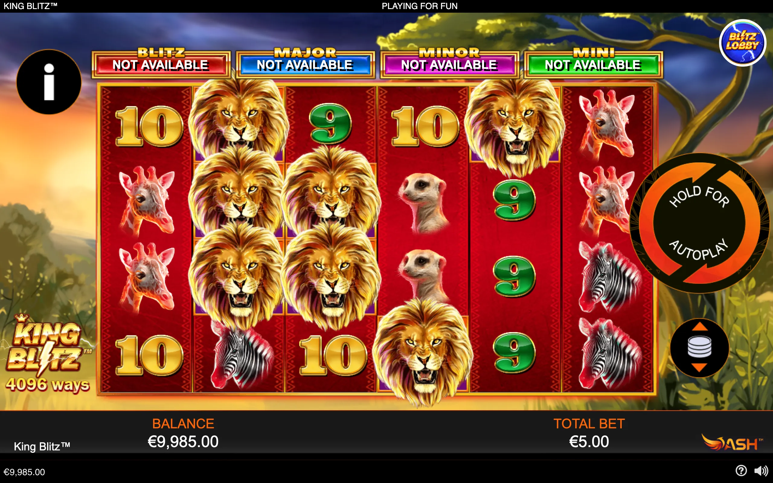 King Blitz slot interface featuring stacked lion symbols, giraffes, meerkats, zebras, card symbols, jackpot meters, and a safari landscape backdrop.
