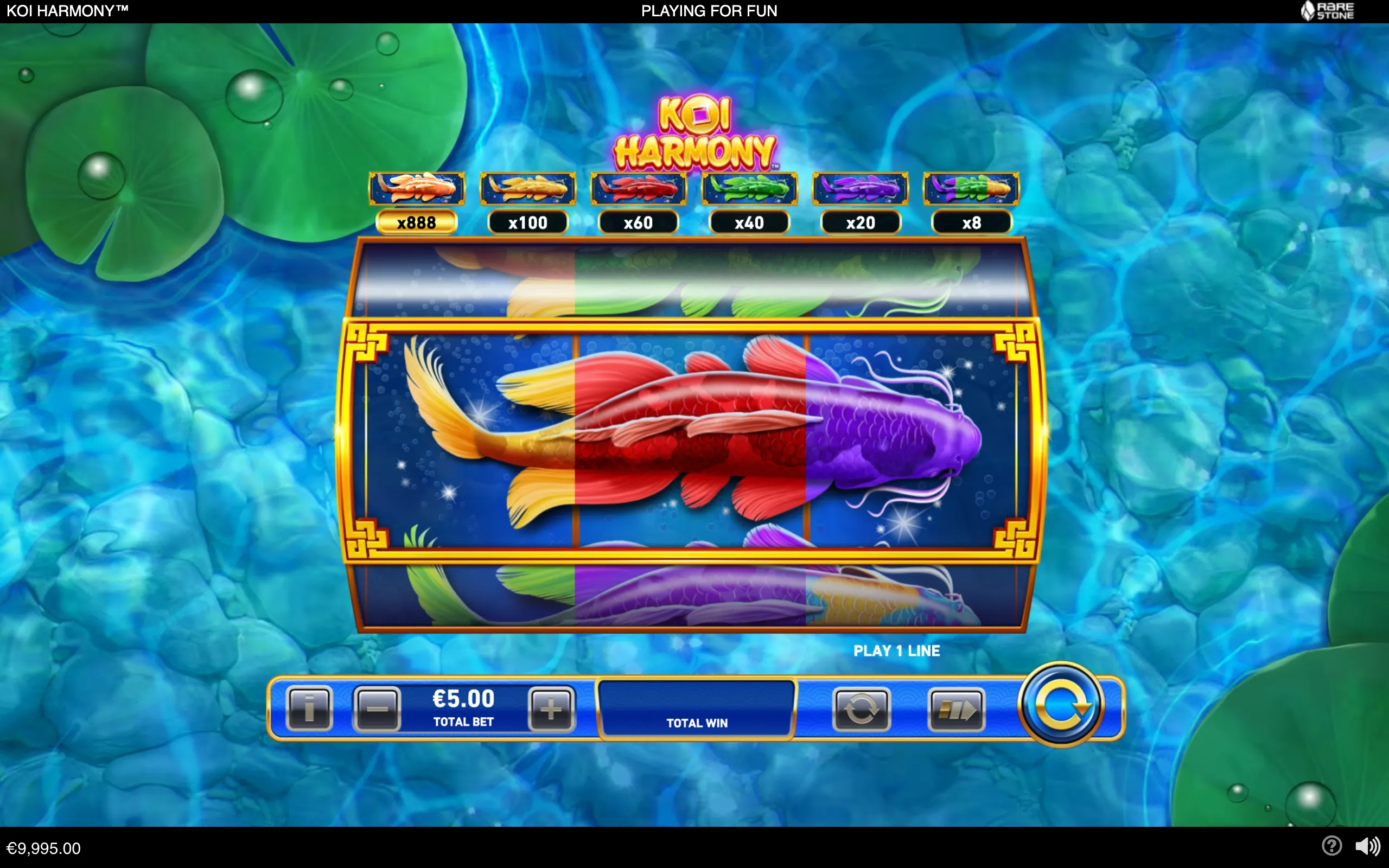 Koi Harmony slot game with colorful koi fish reels, lily pads, sparkling water, and a paytable listing koi multipliers up to x888.