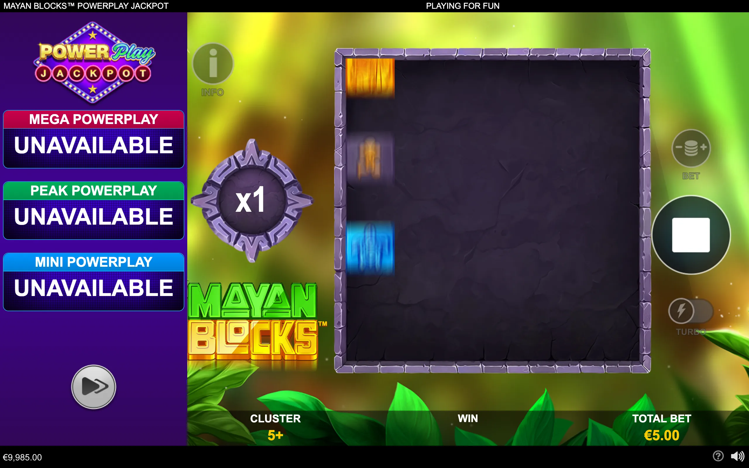Mayan Blocks PowerPlay Jackpot interface with a purple stone-framed play area, glowing jungle foliage, PowerPlay Jackpot tier panels, and a central x1 multiplier emblem.