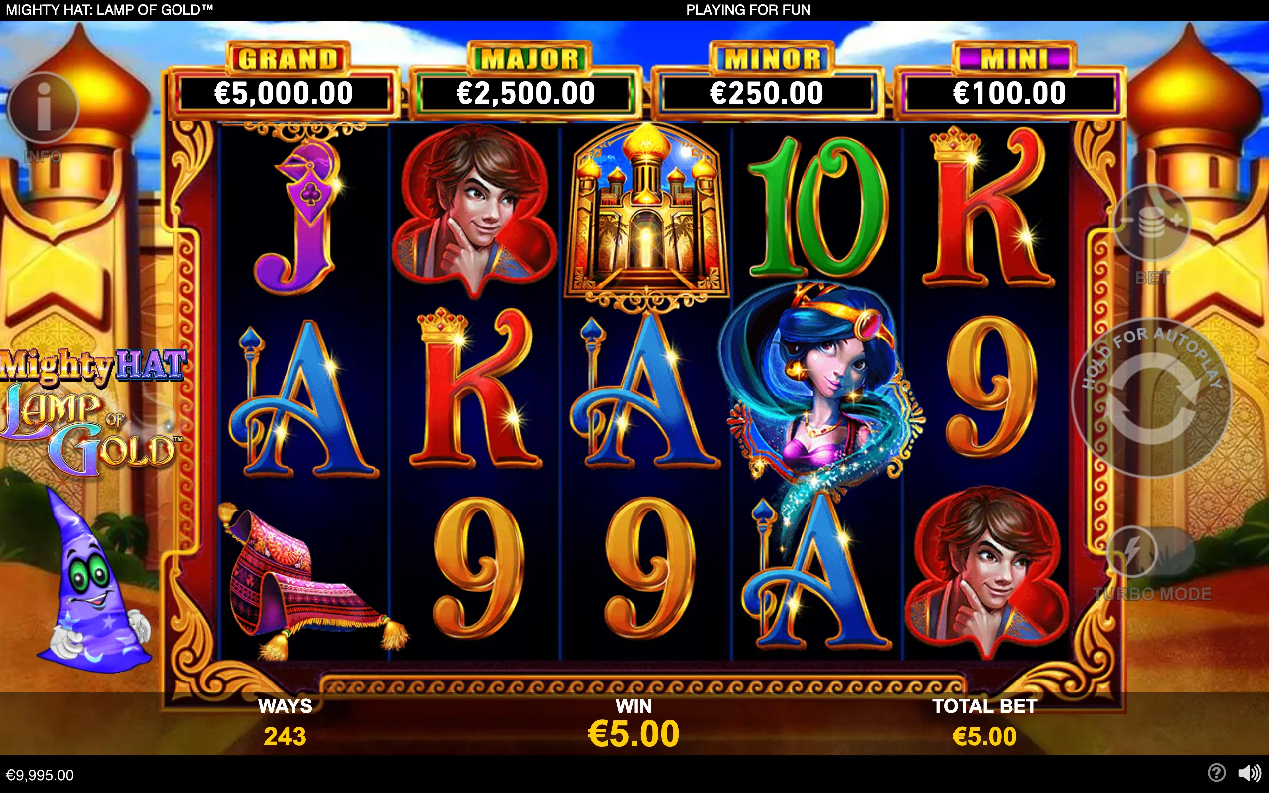 Mighty Hat: Lamp of Gold slot with ornate Arabian palace scenery, five reels, jewel-encrusted letters, a glowing palace symbol, two genie-like characters, a magic hat, and jackpot meters.