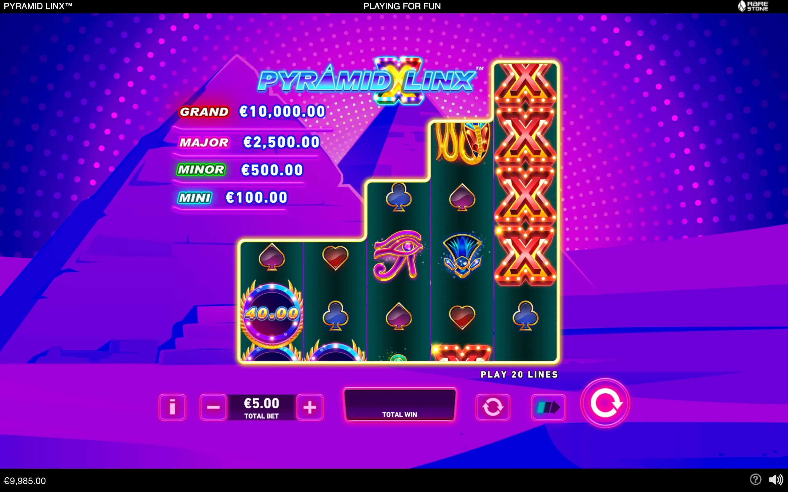 Pyramid Linx slot game with neon purple pyramid surroundings, Egyptian Eye of Ra and scarab symbols, card icons, stacked X symbols, and displayed jackpot values.