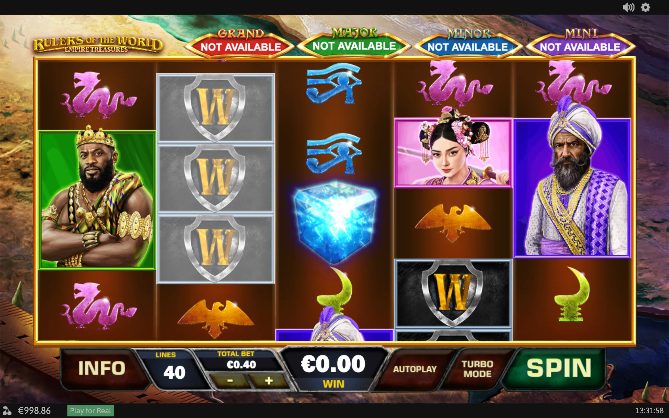 Rulers of the World slot reels featuring crowned rulers, an Asian empress, an Indian ruler, Egyptian-style symbols, shield-marked W tiles, and Grand, Major, Minor, and Mini jackpot meters.