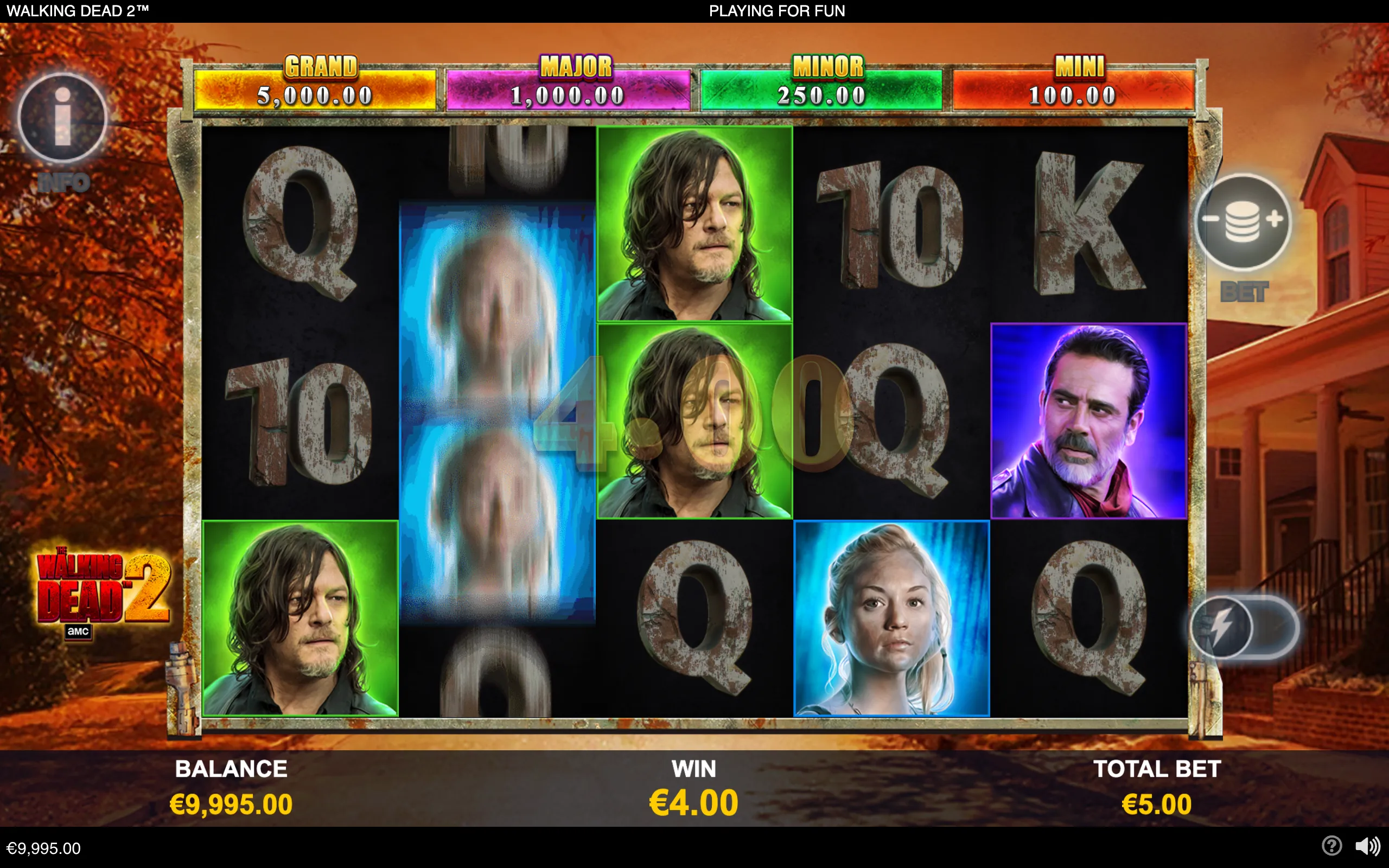 The Walking Dead 2 slot interface features character symbols on dark reels, distressed lettering, autumn scenery, and Grand, Major, Minor, and Mini jackpot meters.