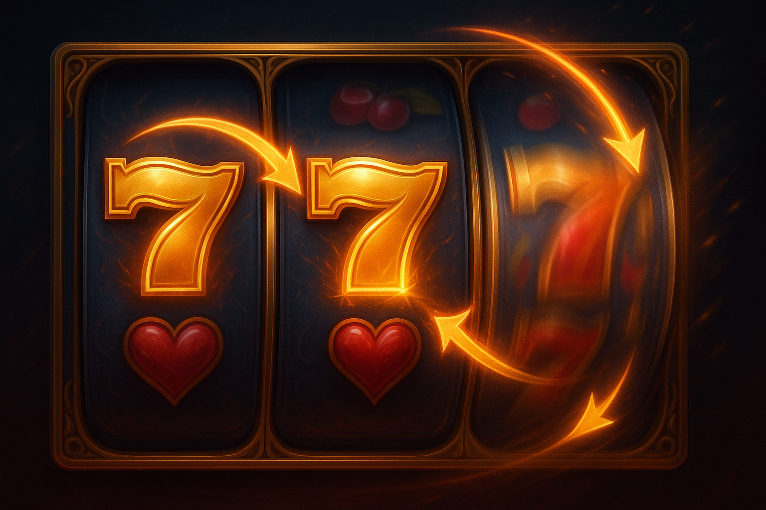 Slot machine showing two golden 7s locked in place while the third reel re-spins with motion blur and arrows, visually illustrating a Re-Spins feature.