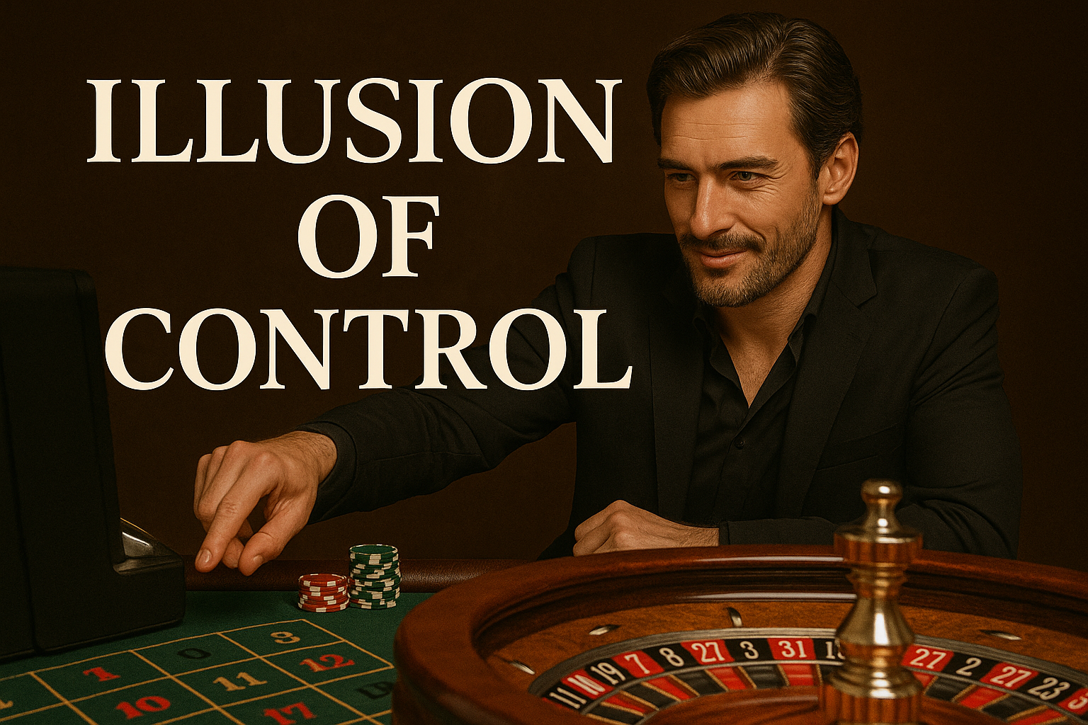 Confident man at a roulette table representing the illusion of control in gambling, highlighting the importance of managing what you can truly influence.