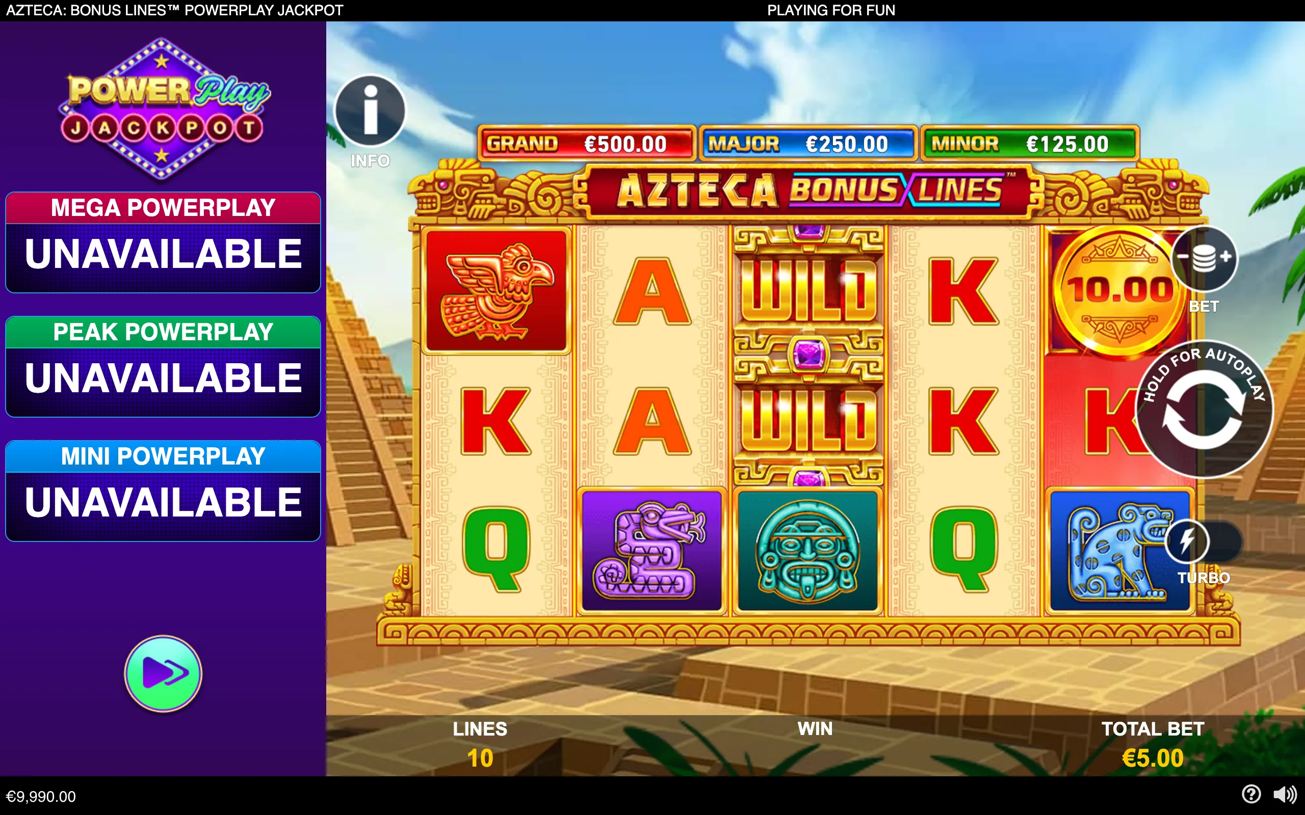 Aztec-themed video slot interface with golden temple architecture, colorful reels, WILD symbols, animal icons, jackpot meters, and PowerPlay status panels.