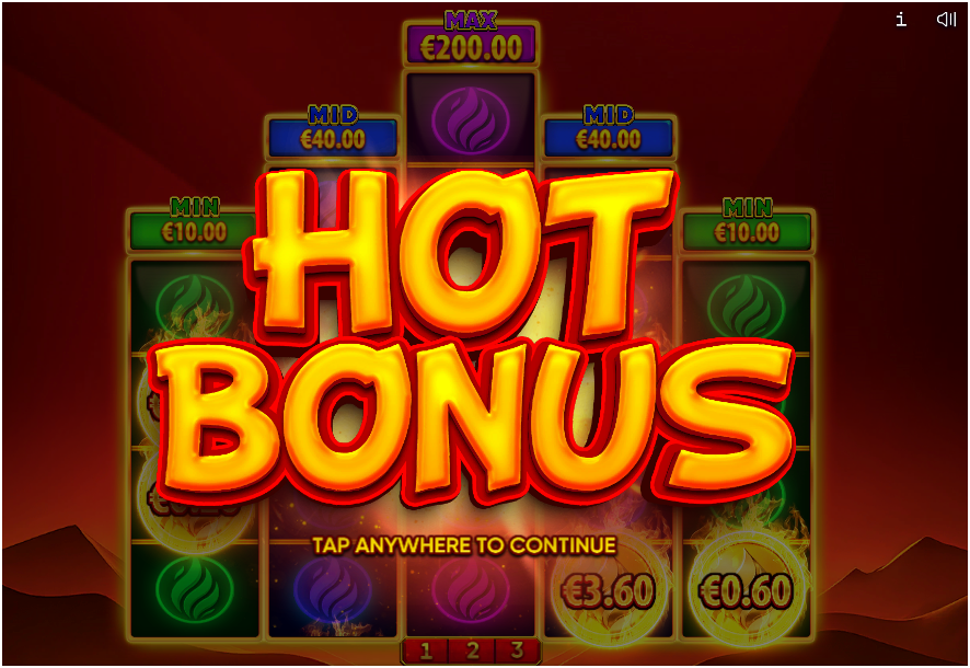 The screen displays a “HOT BONUS” message over a slot grid with visible coin values and fixed jackpot labels for MAX, MID, and MIN tiers.