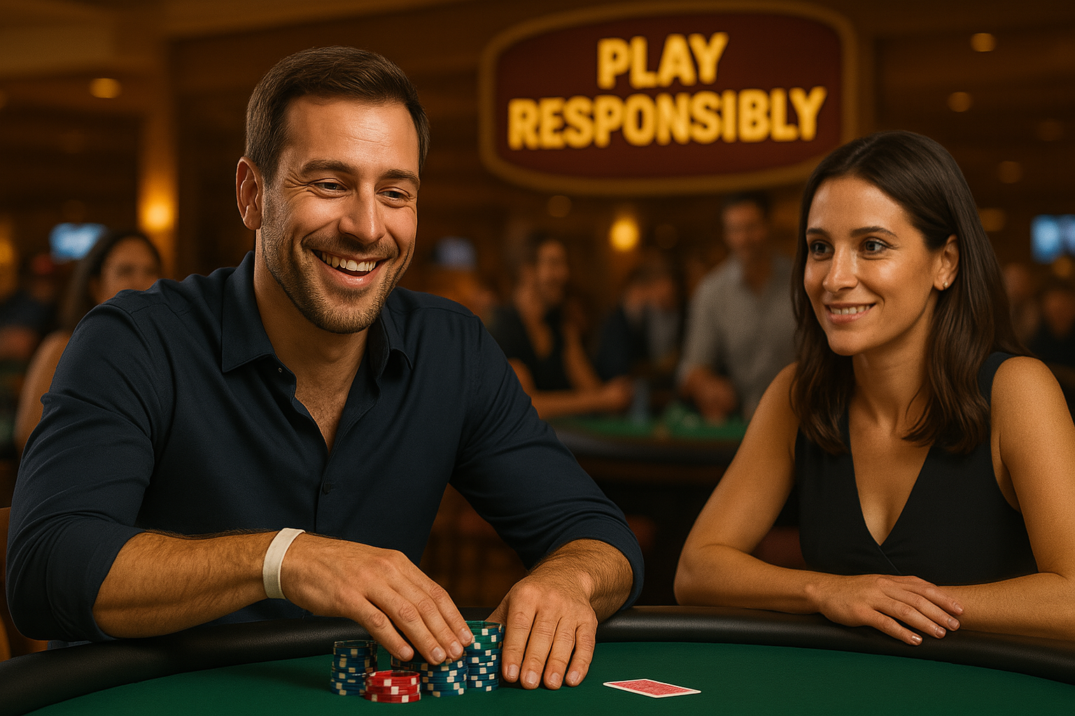 A smiling man and woman sit together at a poker table, enjoying the game in a casino with a clear “Play Responsibly” sign in the background.