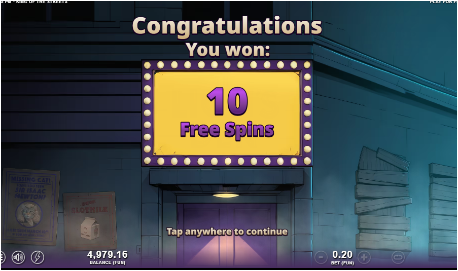 A slot game reward screen with a marquee sign displaying “10 Free Spins” above a closed doorway in a dim urban alley, surrounded by posters and boarded windows.