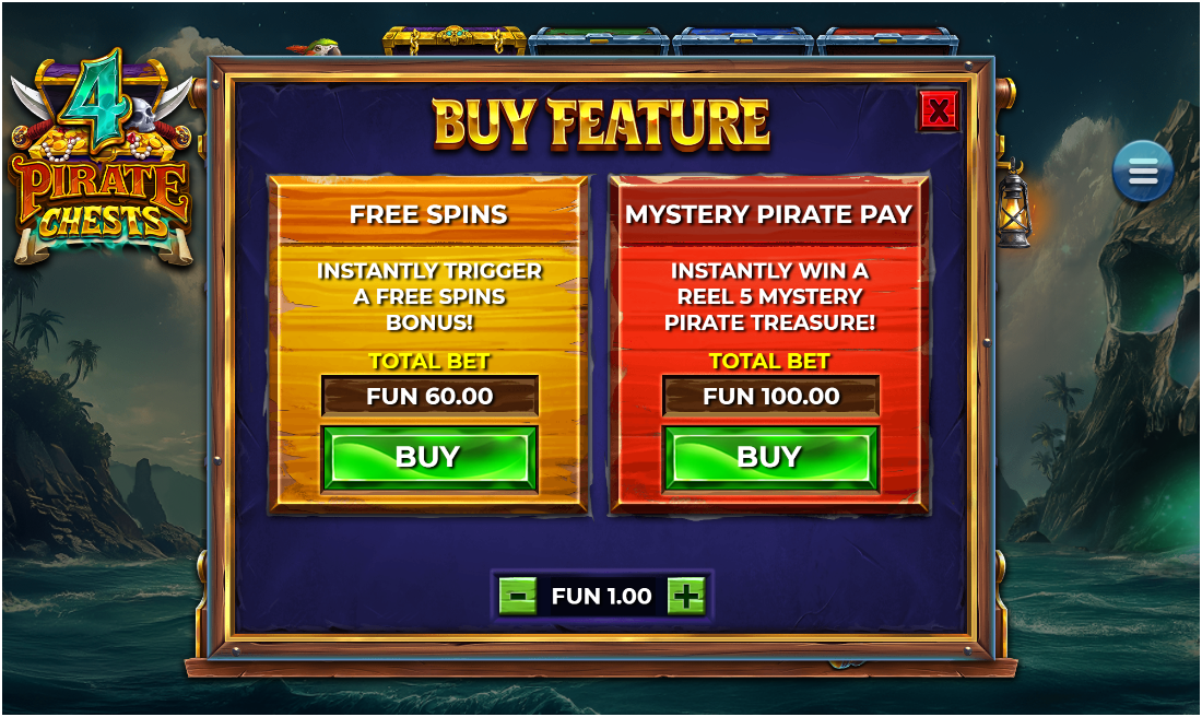 Buy Feature menu with two options: Free Spins for FUN 60.00 and Mystery Pirate Pay for FUN 100.00, each with buy buttons.