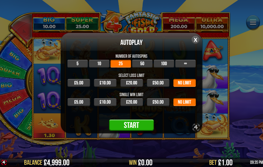 Alt text: Autoplay settings menu showing spin count options, loss limits, and single win limits with green START button.