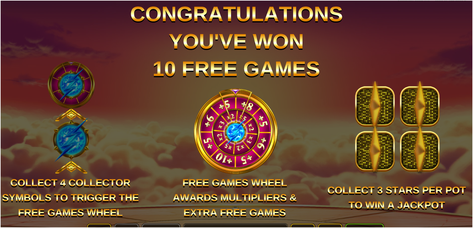 The screen displays a “Congratulations” message for winning 10 free games, with visual icons for bonus wheels, collector symbols, and jackpot stars.