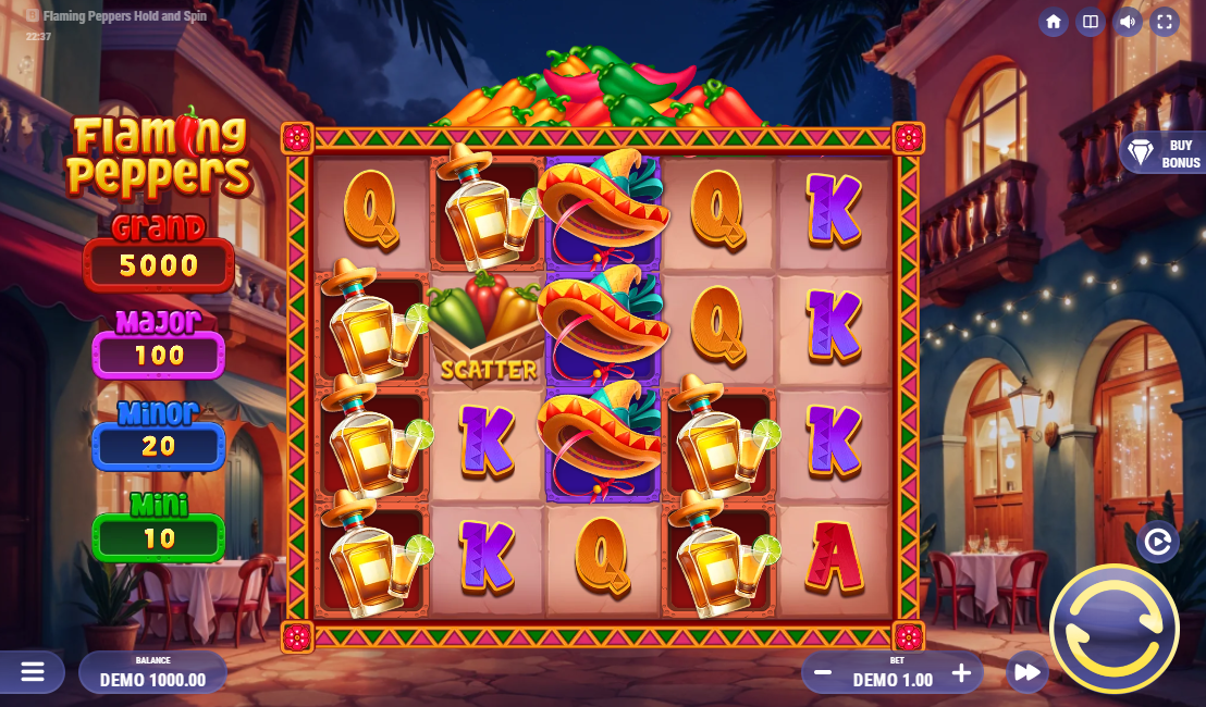 A colorful 5×4 slot grid framed by a festive Mexican plaza backdrop with jackpots displayed on the left panel.