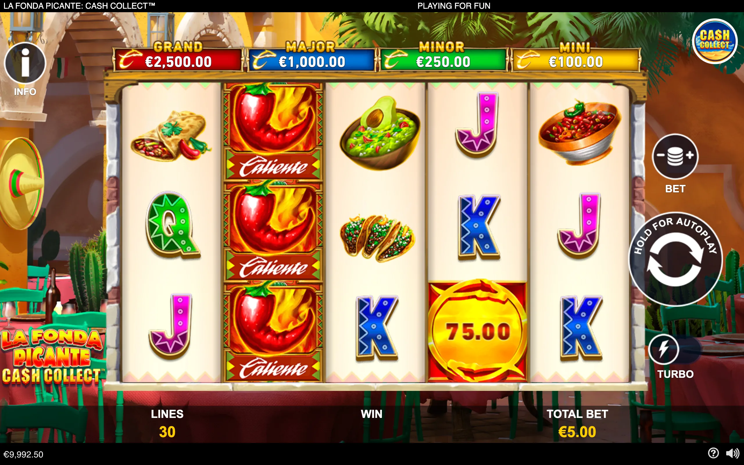 La Fonda Picante Cash Collect slot interface with tacos, guacamole, chili peppers, stacked Caliente symbols, a €75.00 cash symbol, and Grand, Major, Minor, and Mini jackpot displays.