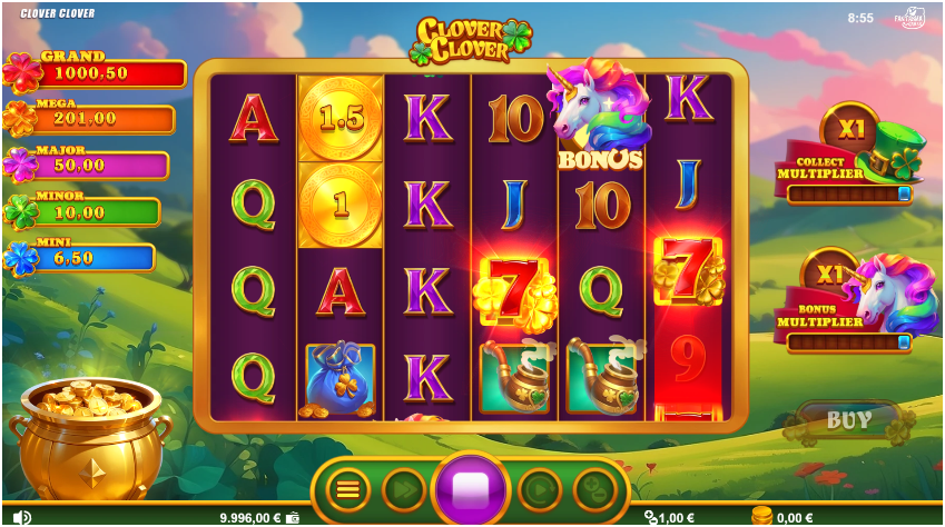 Slot game interface displaying 6 reels with symbols including coins, unicorns, sevens, and multipliers, set against a countryside backdrop.