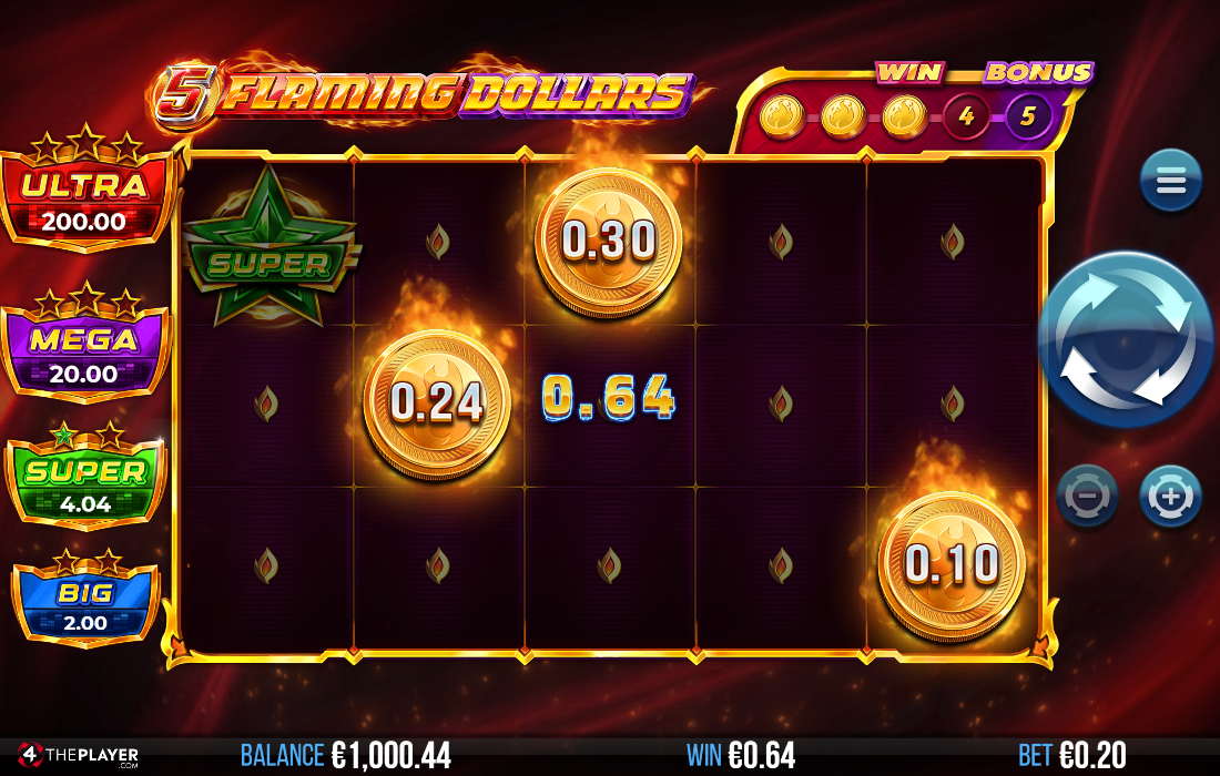 Slot grid showing three golden prize coins with values 0.30, 0.24, and 0.10, total win 0.64 displayed center, four tiered jackpot badges on left against fiery background.