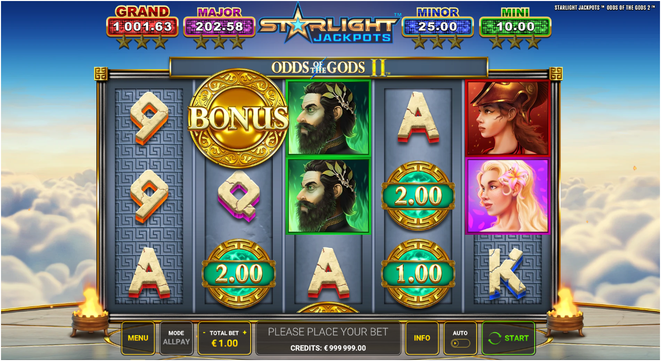 Five slot reels display various symbols including golden coins, a BONUS emblem, letters, and illustrated portraits of gods and goddesses.