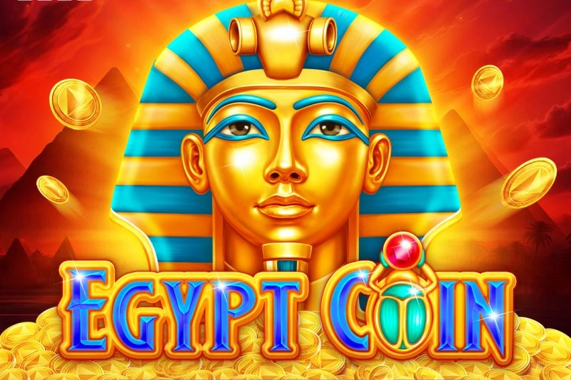 Golden pharaoh mask with glowing pyramids and falling coins in a bright Egyptian desert background