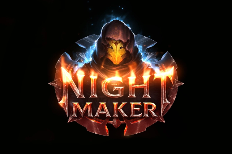 A hooded figure with a glowing gold mask appears above the words "Night Maker" in fiery, stylized text with blue lightning