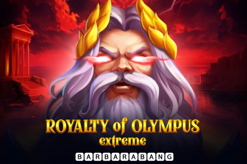 Royalty of Olympus Extreme slot artwork featuring a powerful god with glowing red eyes, golden laurel wreath, and a fiery red ancient Greek background.