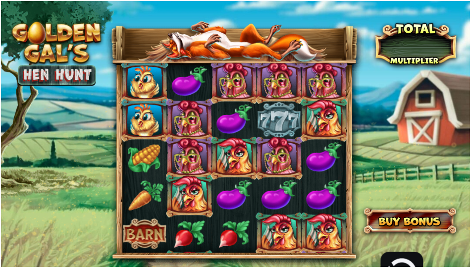 A five-reel slot game featuring cartoon hens, vegetables, and a fox reclining above the reels, with a barn in the background and a visible bonus button.