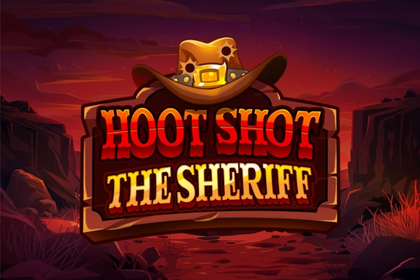 A stylized wooden sign featuring a cowboy hat above bold red and yellow text, set against a canyon landscape at dusk.