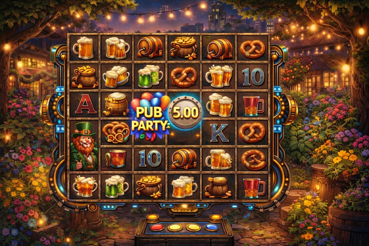 Cozy pub-themed slot machine with beer icons, warm lights, flowers, and a friendly evening garden atmosphere.