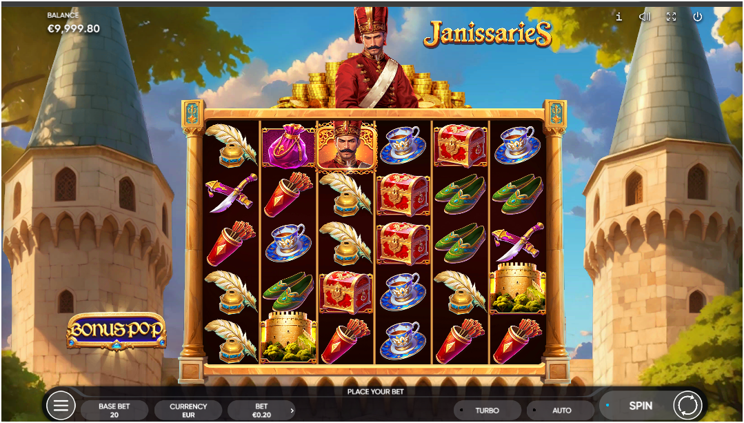A central figure in red royal attire stands above the game title "Janissaries" with a blurred palace backdrop.