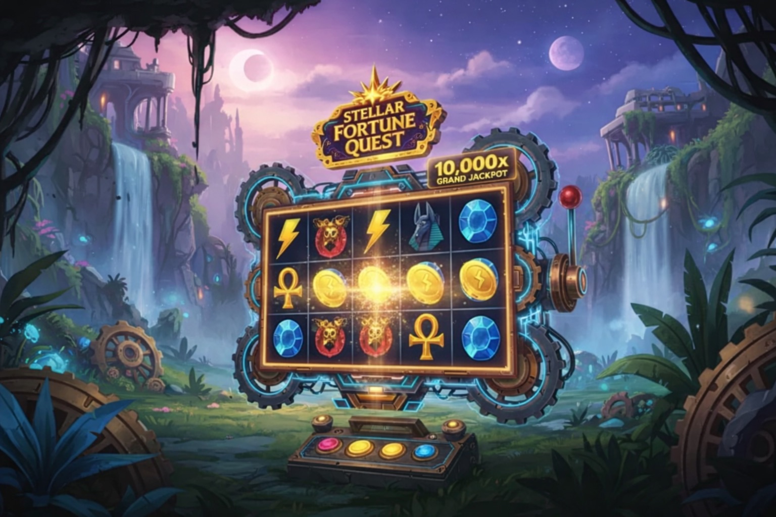 Stellar Fortune Quest slot machine game showing a 5x3 grid with mystical symbols including lightning bolts, masks, ankh symbols, and glowing coins against a fantasy landscape with waterfalls and purple sky