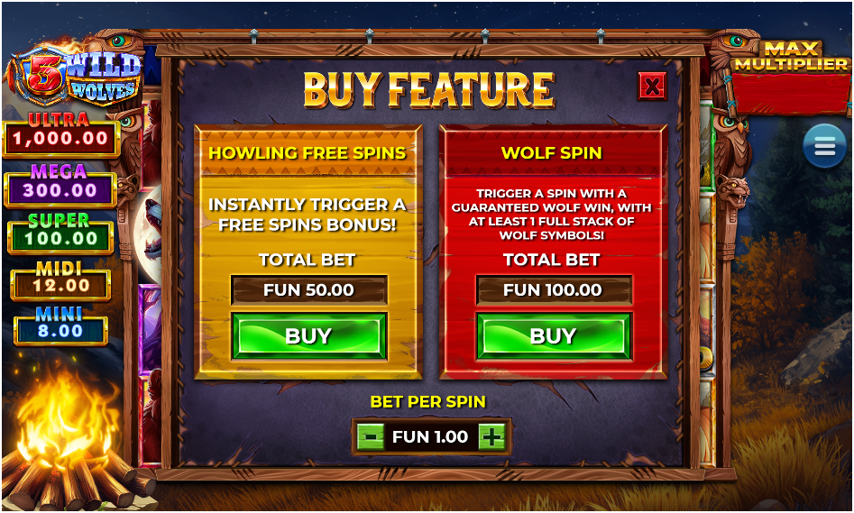 Buy Feature screen offering Howling Free Spins for 50.00 FUN and Wolf Spin for 100.00 FUN, with visible prize tiers.