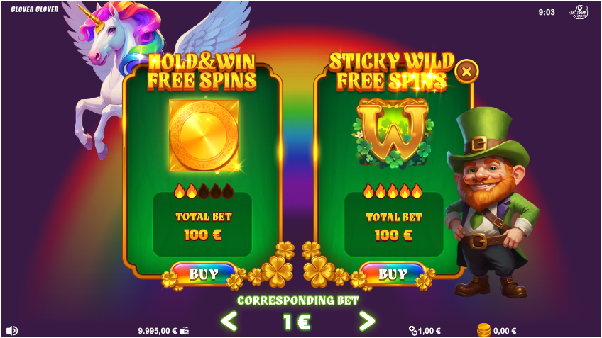 A slot game bonus selection screen showing two options: Hold & Win Free Spins with a unicorn, and Sticky Wild Free Spins with a leprechaun.