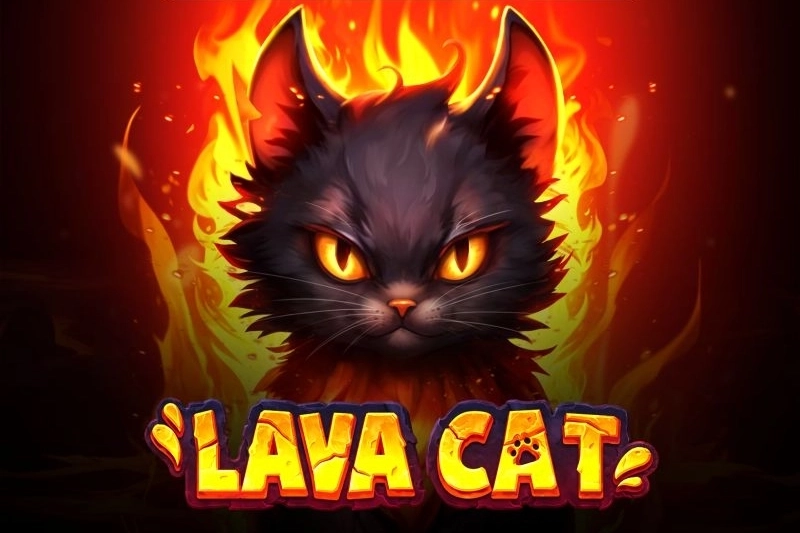 Black fiery cat with glowing orange eyes emerging from flames above the Lava Cat slot logo.