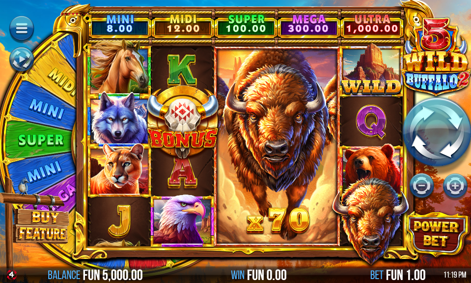Game screen showing large buffalo symbol with ×70 multiplier dominating center reel, surrounded by animal symbols and card values, with five jackpot tiers displayed above.