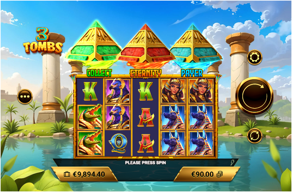 Slot game interface displaying five reels with Egyptian-themed symbols, including crocodiles, queens, and jackals, beneath labeled tomb pyramids.