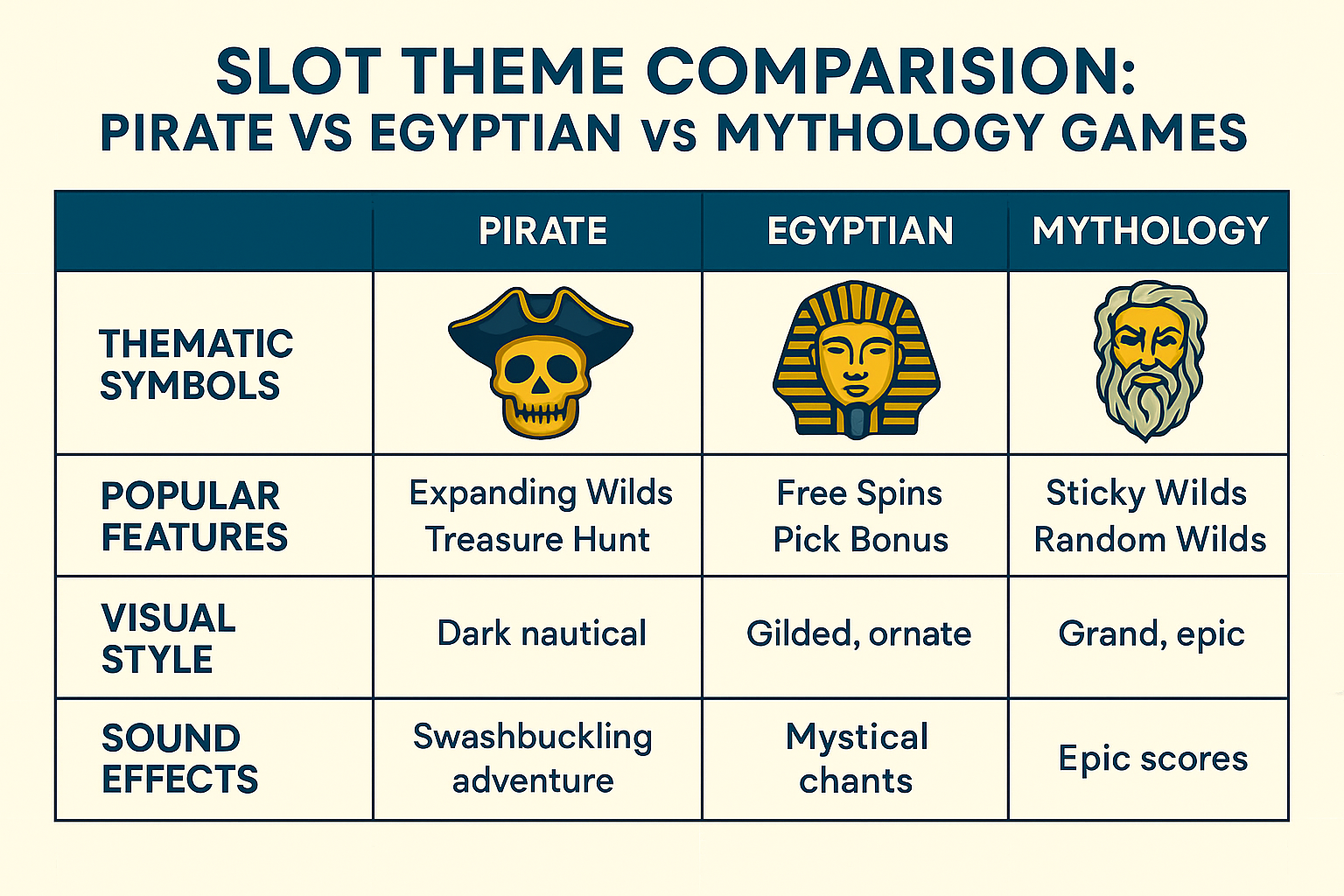 Comparison of Pirate, Egyptian, and Mythology slot themes by visuals, features, mechanics, symbols, and sounds.