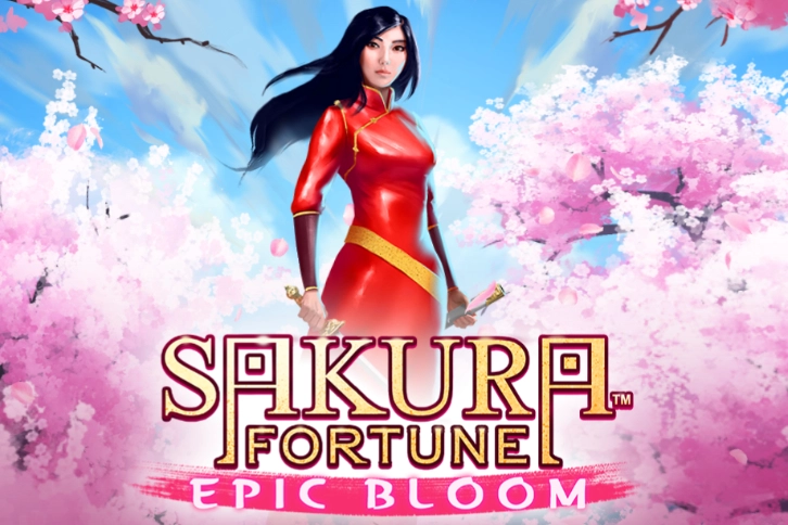 A poised woman in a red dress holding swords stands amid blooming cherry blossoms under a bright blue sky, with the title "Sakura Fortune: Epic Bloom" below.
