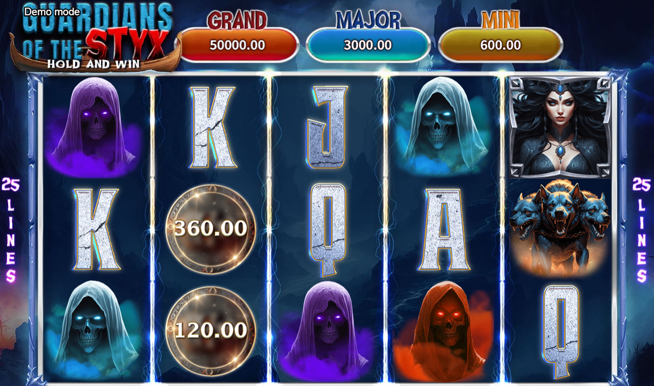 Slot gameplay screen from Guardians of the Styx – Hold and Win, displaying 5 reels with symbols like hooded reapers, a sorceress, Cerberus, glowing coin values, and jackpot tiers labeled GRAND ($50,000), MAJOR ($3,000), and MINI ($600) above the reels.