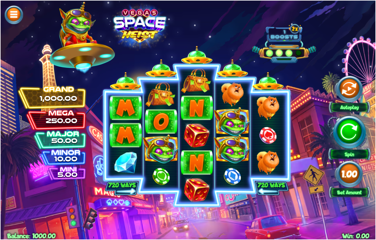A five-reel slot interface with a 3-4-5-4-3 layout features symbols including aliens, dice, handbags, letters, and dogs, with jackpot tiers and control buttons displayed on the sides.