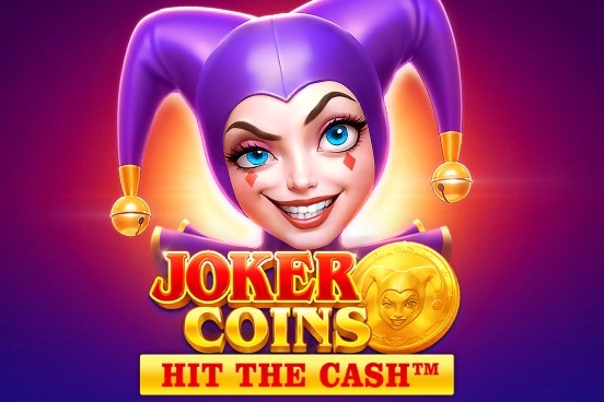A smiling female joker with bright blue eyes and a purple jester hat appears above bold, gold-and-red stylized text and a coin symbol.