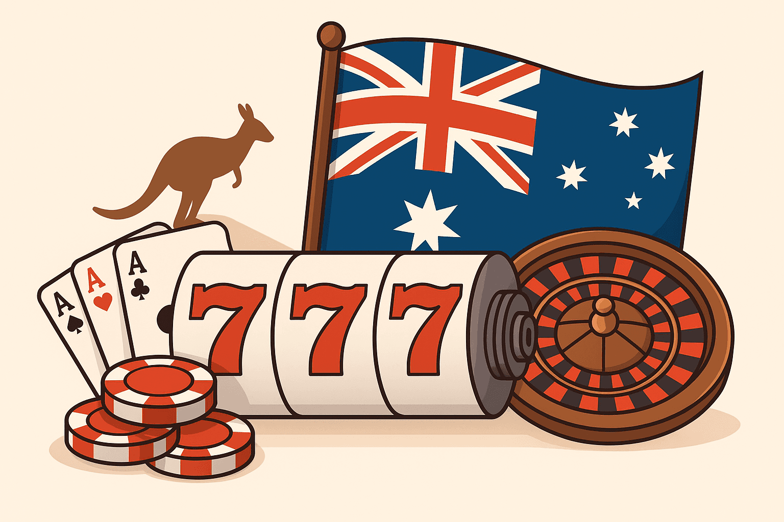 Illustration of Australian gambling elements with the national flag, kangaroo silhouette, slot reels showing 777, roulette wheel, poker chips, and playing cards in a clean vector style.