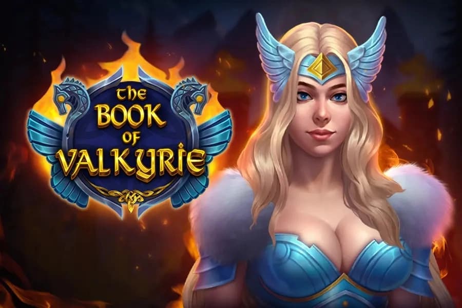 The Book of Valkyrie slot cover featuring a blonde Valkyrie warrior in blue armor beside the game logo.