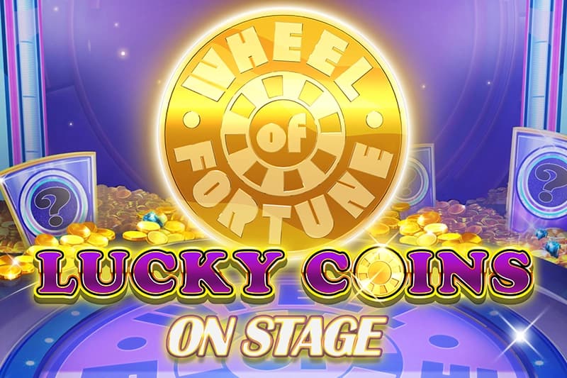 A glowing golden coin marked “Wheel of Fortune” is displayed center stage, surrounded by piles of coins and illuminated panels with question mark symbols.