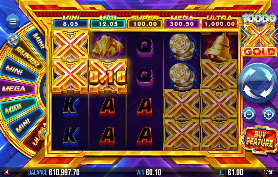 Gameplay screen from 10000X Gold slot showing golden X symbols, multiplier rewards, and the Fortune Wheel with MINI, MIDI, SUPER, MEGA, and ULTRA jackpots.