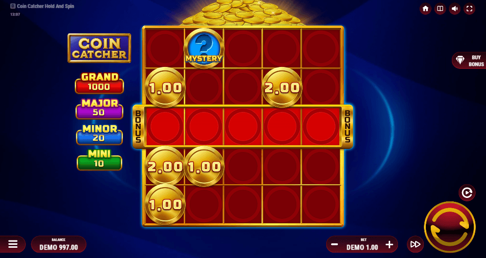 Coin Catcher Hold and Spin slot gameplay showing 5x5 grid with golden coin symbols, mystery symbols, and jackpot values including Grand 1000x, Major 50x, Minor 20x, and Mini 10x