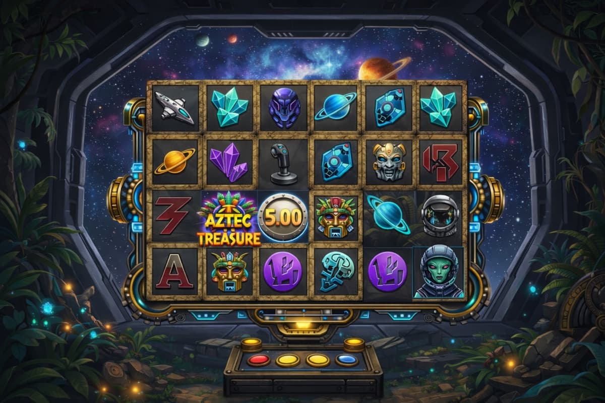 6x4 slot machine grid showing space-themed symbols including planets, crystals, astronaut helmets, and alien characters across six reels and four rows with Aztec Treasure branding