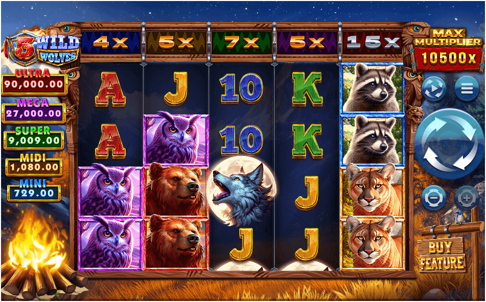 Five-reel slot with forest animal symbols, visible stack multipliers above each reel, and prize tiers on the left.