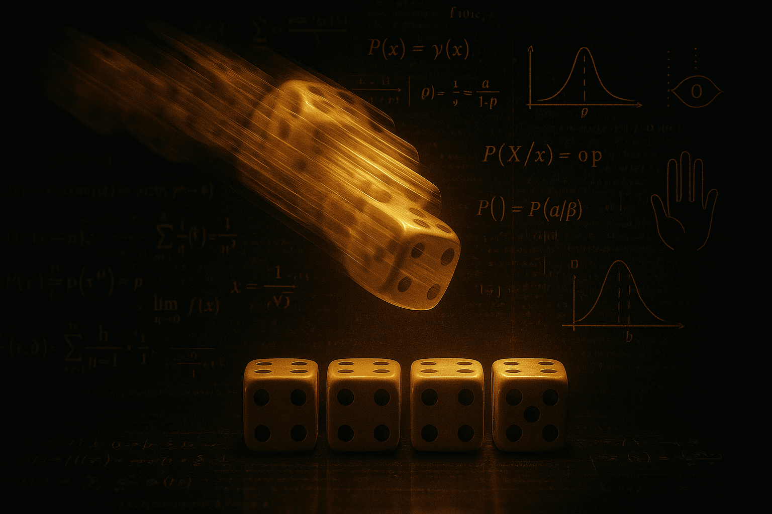 Cinematic concept image of dice on a dark reflective surface, where a glowing golden die in motion passes above four static dice as mathematical formulas and human symbols appear in the background.