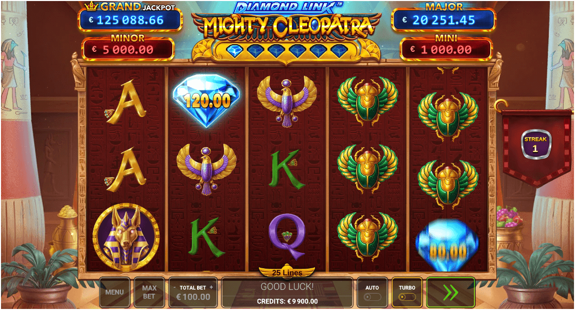 Slot game interface with five reels displaying Egyptian-themed symbols including scarabs, a diamond showing "120.00", and jackpot values listed above the reels.