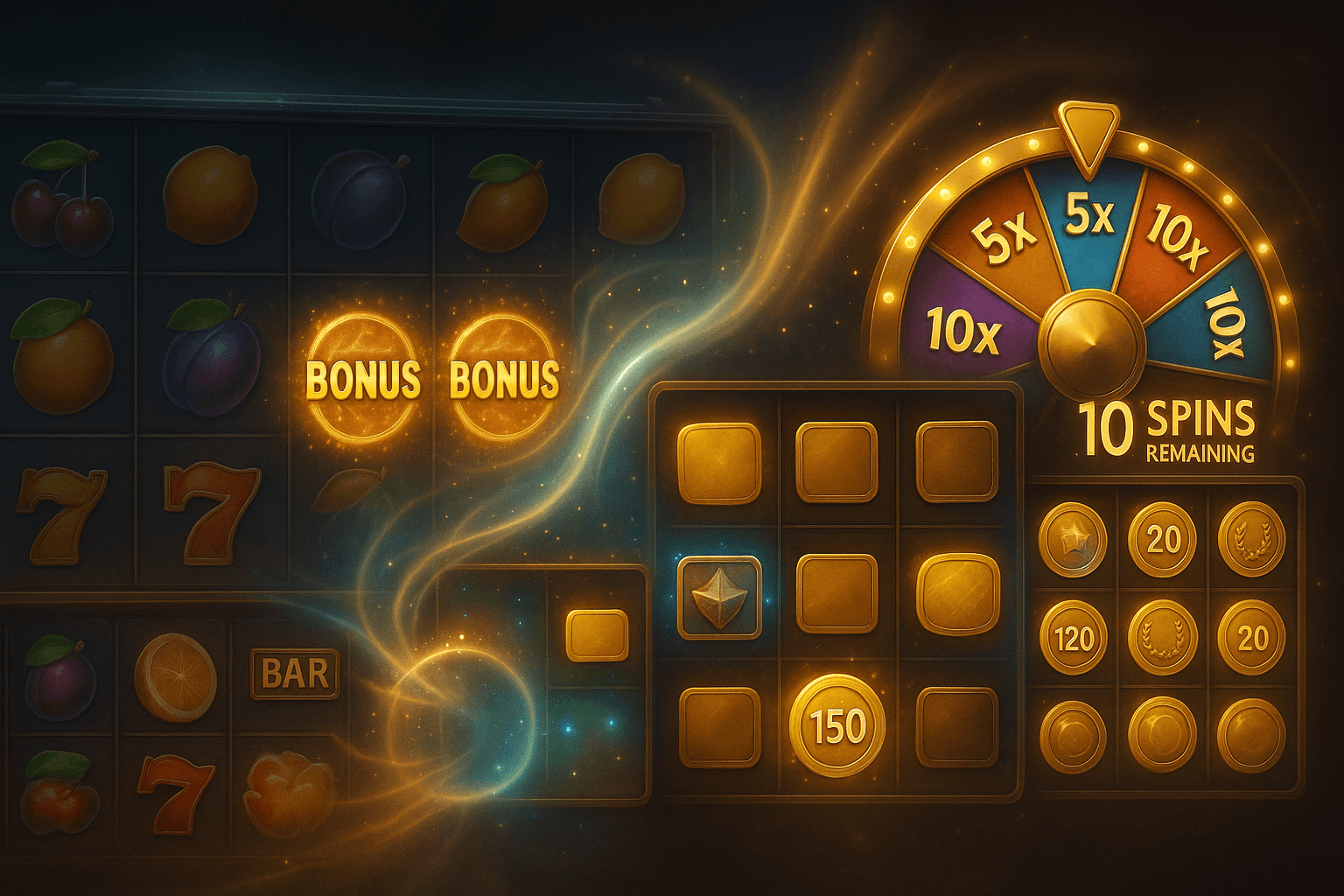 A split-scene illustration of a slot machine transitioning into bonus gameplay, featuring bonus symbols, a spinning prize wheel, and a glowing reward grid.