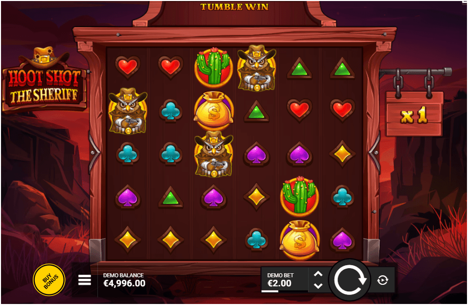 A 6x5 slot grid featuring cowboy owls, cacti, gold bags, and colorful playing card suits, with a multiplier display showing x1.